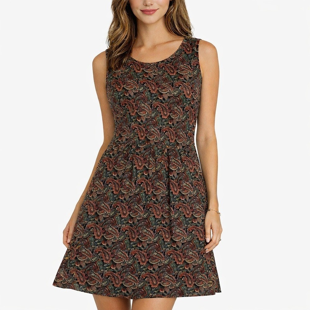 Okeysi Womens Paisley Sleeveless Fit and Flare‎ Dress Red Green Large